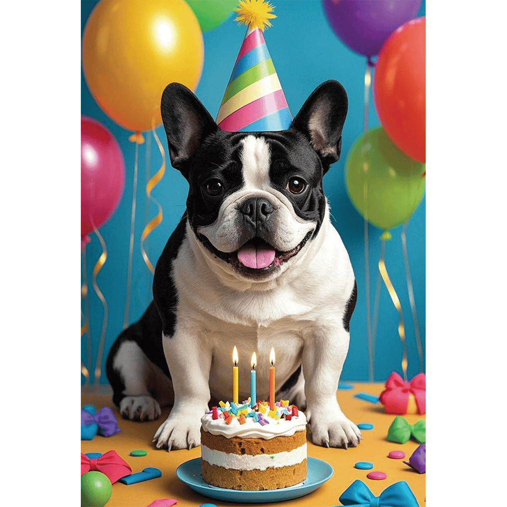 Frenchie Cake birthday card from Pictura featuring a playful lenticular design for everyday greeting cards.